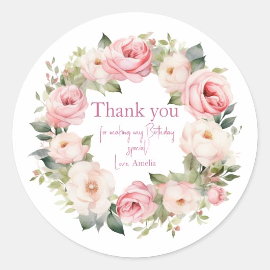 Boho Teddy Bear Girl Pink Bear Floral Birthday  ラウンドシール (正面)