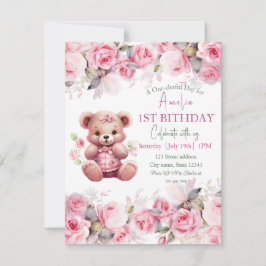 Boho Teddy Bear Girl Pink Bear Floral Birthday 招待状