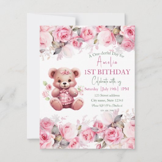 Boho Teddy Bear Girl Pink Bear Floral Birthday 招待状 (正面)