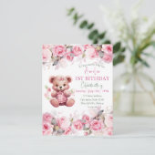 Boho Teddy Bear Girl Pink Bear Floral Birthday 招待状 (スタンド正面)