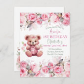 Boho Teddy Bear Girl Pink Bear Floral Birthday 招待状 (正面/裏面)