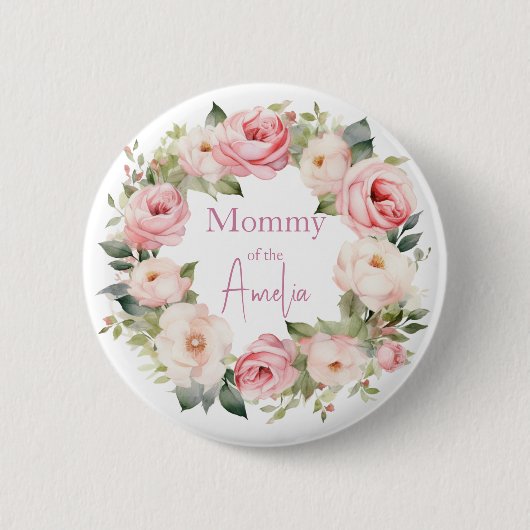 Boho Teddy Bear Girl Pink Bear Floral Birthday  缶バッジ (正面)