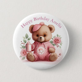 Boho Teddy Bear Girl Pink Bear Floral Birthday  缶バッジ
