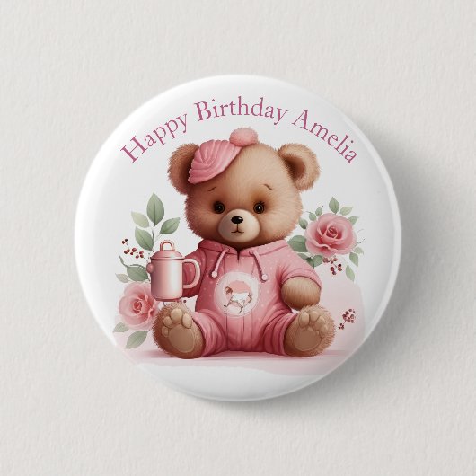 Boho Teddy Bear Girl Pink Bear Floral Birthday 缶バッジ (正面)
