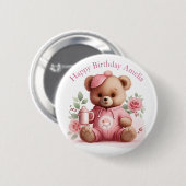 Boho Teddy Bear Girl Pink Bear Floral Birthday 缶バッジ (正面&裏面)