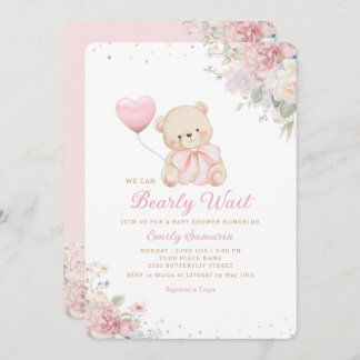 Boho Teddy Bear Girl Pink Bearly Wait Baby Shower 招待状