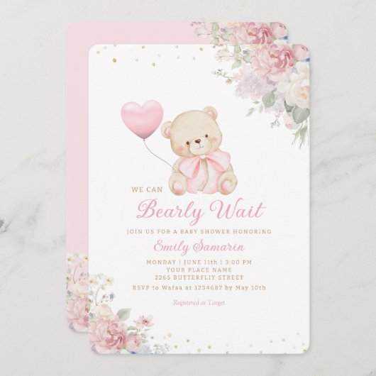 Boho Teddy Bear Girl Pink Bearly Wait Baby Shower 招待状 (正面/裏面)