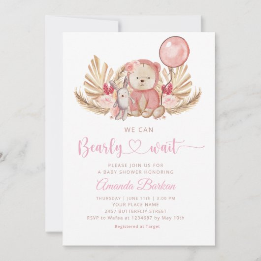  Boho Teddy Bear Girl Pink Bearly Wait Baby Shower 招待状 (正面)