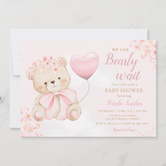 Boho Teddy Bear Girl Pink Bearly Wait Baby Shower 招待状 (正面)