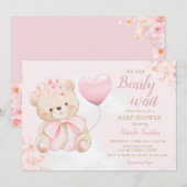 Boho Teddy Bear Girl Pink Bearly Wait Baby Shower 招待状 (正面/裏面)