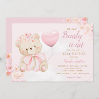 Boho Teddy Bear Girl Pink Bearly Wait Baby Shower 招待状
