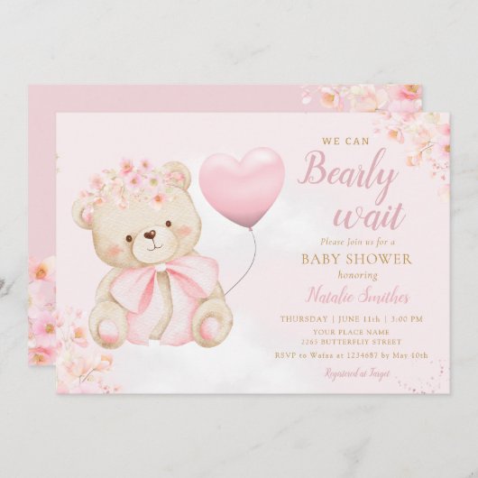 Boho Teddy Bear Girl Pink Bearly Wait Baby Shower 招待状 (正面/裏面)