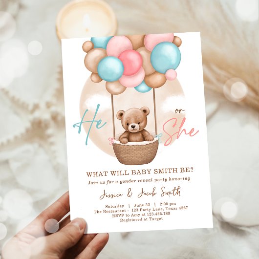 Boho Teddy Bear He She Boy or Girl Gender Reveal 招待状