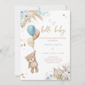 Boho Teddy Bear Picnic Boy Blue Baby Shower 招待状 (正面)