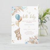 Boho Teddy Bear Picnic Boy Blue Baby Shower 招待状 (スタンド正面)