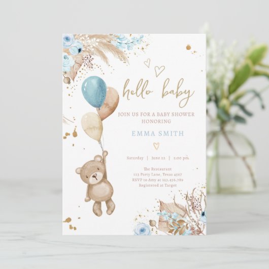 Boho Teddy Bear Picnic Boy Blue Baby Shower 招待状 (スタンド正面)