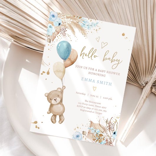 Boho Teddy Bear Picnic Boy Blue Baby Shower 招待状