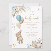 Boho Teddy Bear Picnic Boy Blue Baby Shower 招待状 (正面)