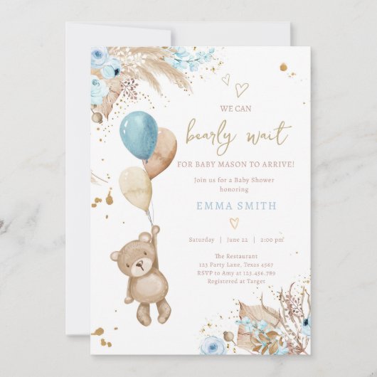 Boho Teddy Bear Picnic Boy Blue Baby Shower 招待状 (正面)
