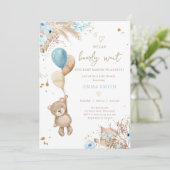 Boho Teddy Bear Picnic Boy Blue Baby Shower 招待状 (スタンド正面)