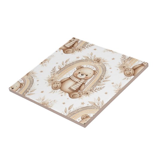 Boho Teddy Bear Rainbow Neutral Floral タイル (側面)