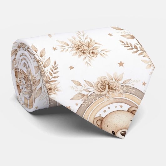 Boho Teddy Bear Rainbow Neutral Floral ネクタイ (ロール)