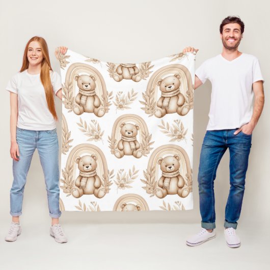Boho Teddy Bear Rainbow Neutral Floral フリースブランケット (インサイチュ)