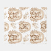 Boho Teddy Bear Rainbow Neutral Floral フリースブランケット (正面(横))