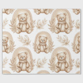 Boho Teddy Bear Rainbow Neutral Floral ラッピングペーパー (フラット)