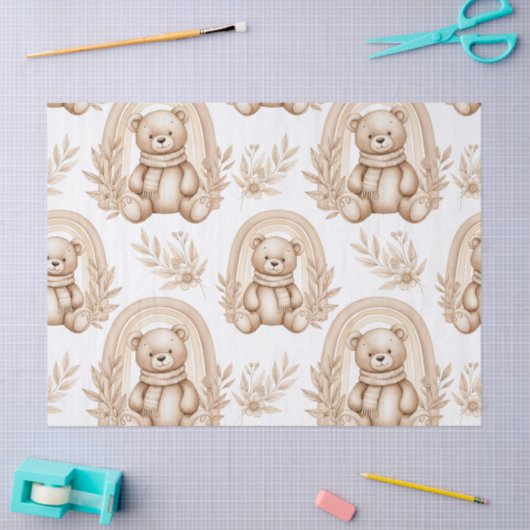 Boho Teddy Bear Rainbow Neutral Floral 薄葉紙 (クラフト)