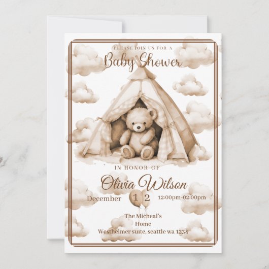  Boho Teddy Bear Theme Baby Shower Invitation 招待状 (正面)