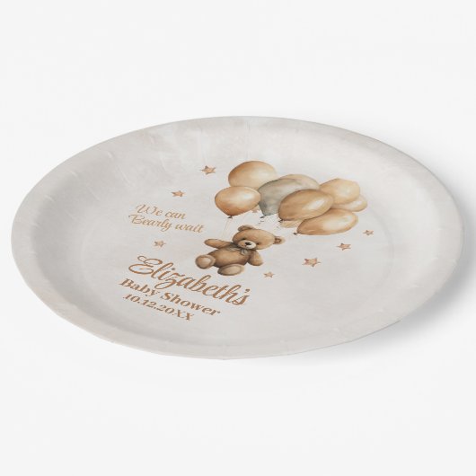 Boho Teddy Bear with Balloons赤ちゃんシャワー ペーパープレート (アングル)