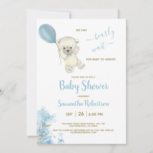 Boho Teddy Polar Bear Blue Balloon Boy Baby Shower 招待状 (正面)