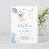 Boho Teddy Polar Bear Blue Balloon Boy Baby Shower 招待状 (スタンド正面)