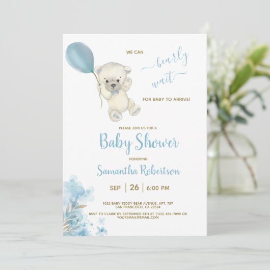 Boho Teddy Polar Bear Blue Balloon Boy Baby Shower 招待状 (スタンド正面)