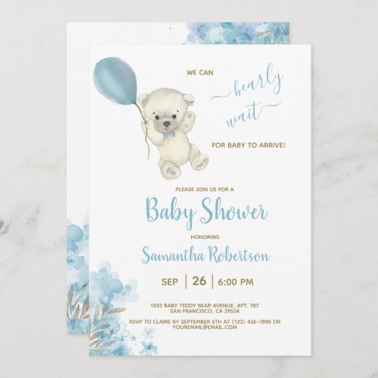 Boho Teddy Polar Bear Blue Balloon Boy Baby Shower 招待状 (正面/裏面)