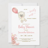 Boho Teddy Polar Bear Pinkバルーンベビーシャワー 招待状 (正面)