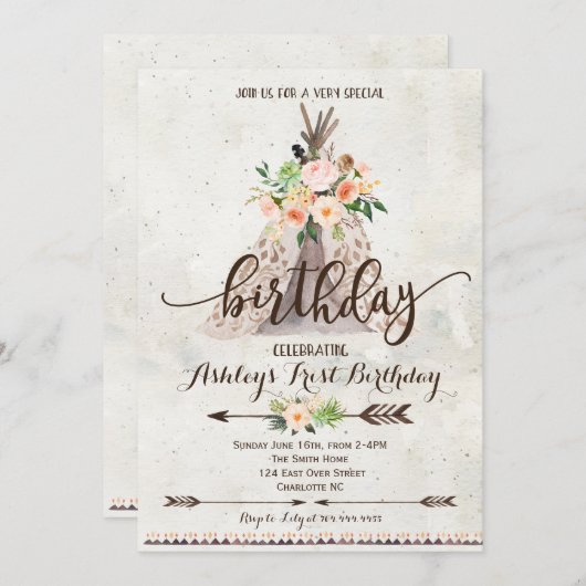 Boho TeeePee誕生日の招待、最初の誕生日 招待状 (正面/裏面)
