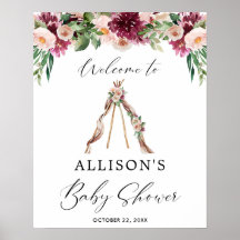 Boho teepee rustic floral baby shower welcome sign