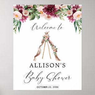 Boho teepee rustic floral baby shower welcome sign ポスター