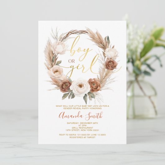 Boho Terracota花の少年または少女の性別の表示 招待状 (スタンド正面)