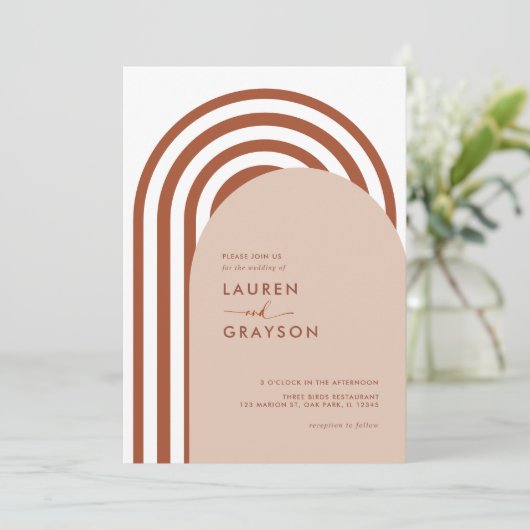Boho Terracottaアーチ写真結婚ズ 招待状 (スタンド正面)