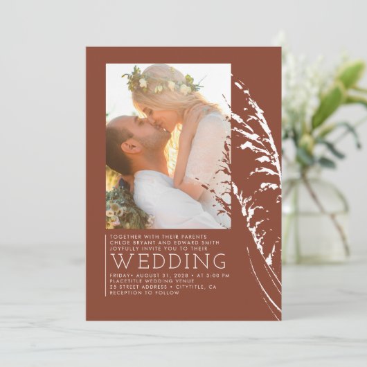 Boho Terracottaモダンオレンジの写真を結婚焼いた 招待状 (スタンド正面)