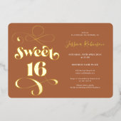 Boho terracottaレトロスクリプト写真Sweet 16 箔招待状 (正面)