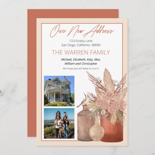 Boho Terracotta乾燥した草のフローラ写真の移動 案内状 (正面/裏面)