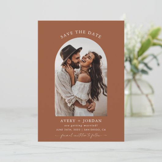 Boho Terracotta写真Save The Dates Cards 招待状 (スタンド正面)