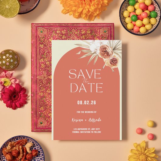 Boho Terracotta Arch Floral Save the Date Template セーブザデート