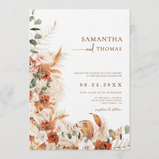 Boho Terracotta Botanical Pampas Photo Wedding 招待状 (正面)