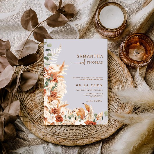 Boho Terracotta Botanical Pampas Photo Wedding 招待状