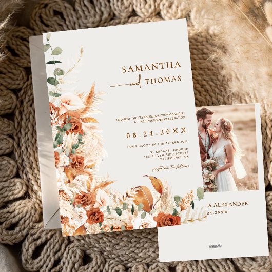 Boho Terracotta Botanical Pampas Photo Wedding 招待状